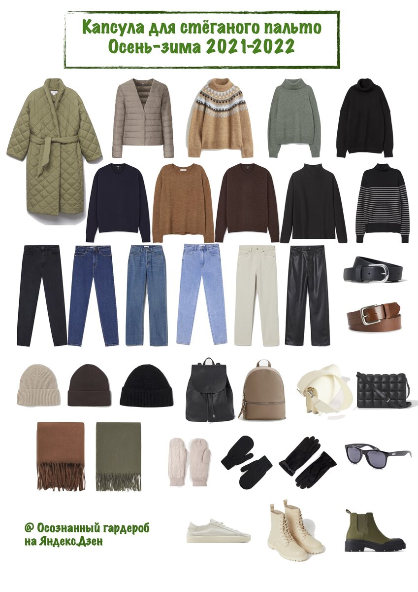 Капсульный гардероб со стёганым пальто. Осень-зима 2021-22. Коллаж составлен автором