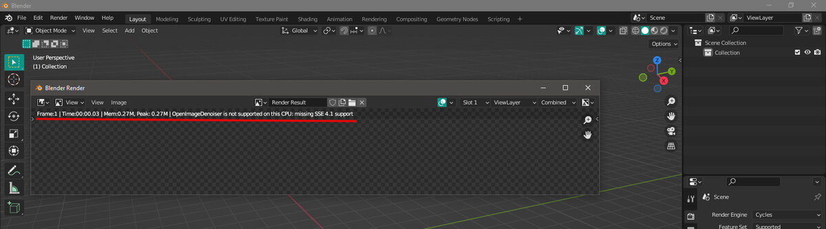 Ошибка missing SSE 4.1 в Blender 3.1.0 в окне рендера