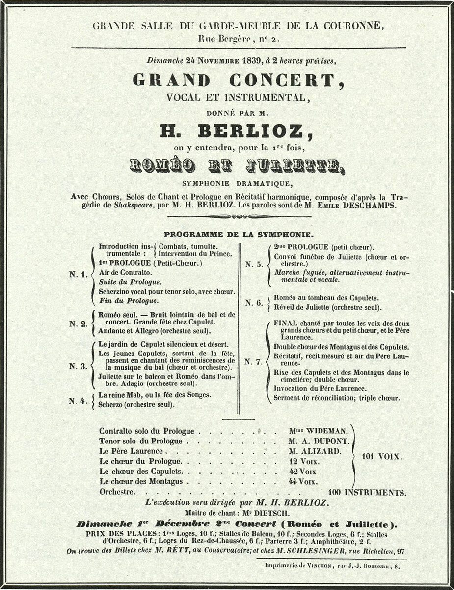 Handbill for the first performance (24 November 1839) of the dramatic symphony Roméo et Juliette by Hector Berlioz.