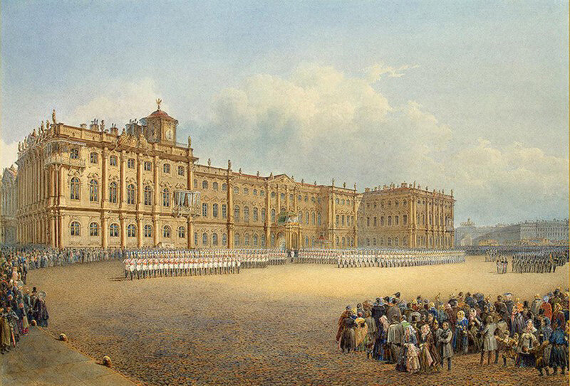 Вид Зимнего дворца со стороны Адмиралтейства. Садовников В. акв. 1840-е гг.