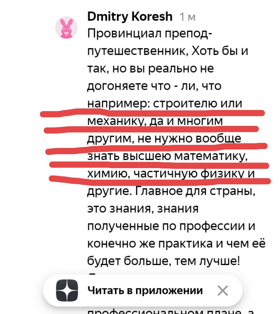 Вот, например, дюже грамотное выражение невероятно логичной мысли о том, что строители и механики не должны знать математику. Орфография автора сохранена.