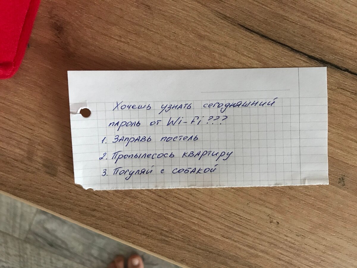 Хочешь узнать сегодняшний пароль от Wi-Fi? 1. Заправь постель; 2. Пропылесось квартиру; 3. Погуляй с собакой