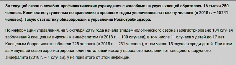 Данные по 2019 году. https://nabludatel.online/2019/10/08/итоги-клещевого-сезона-2019-года-16-тысяч-250-у/ 