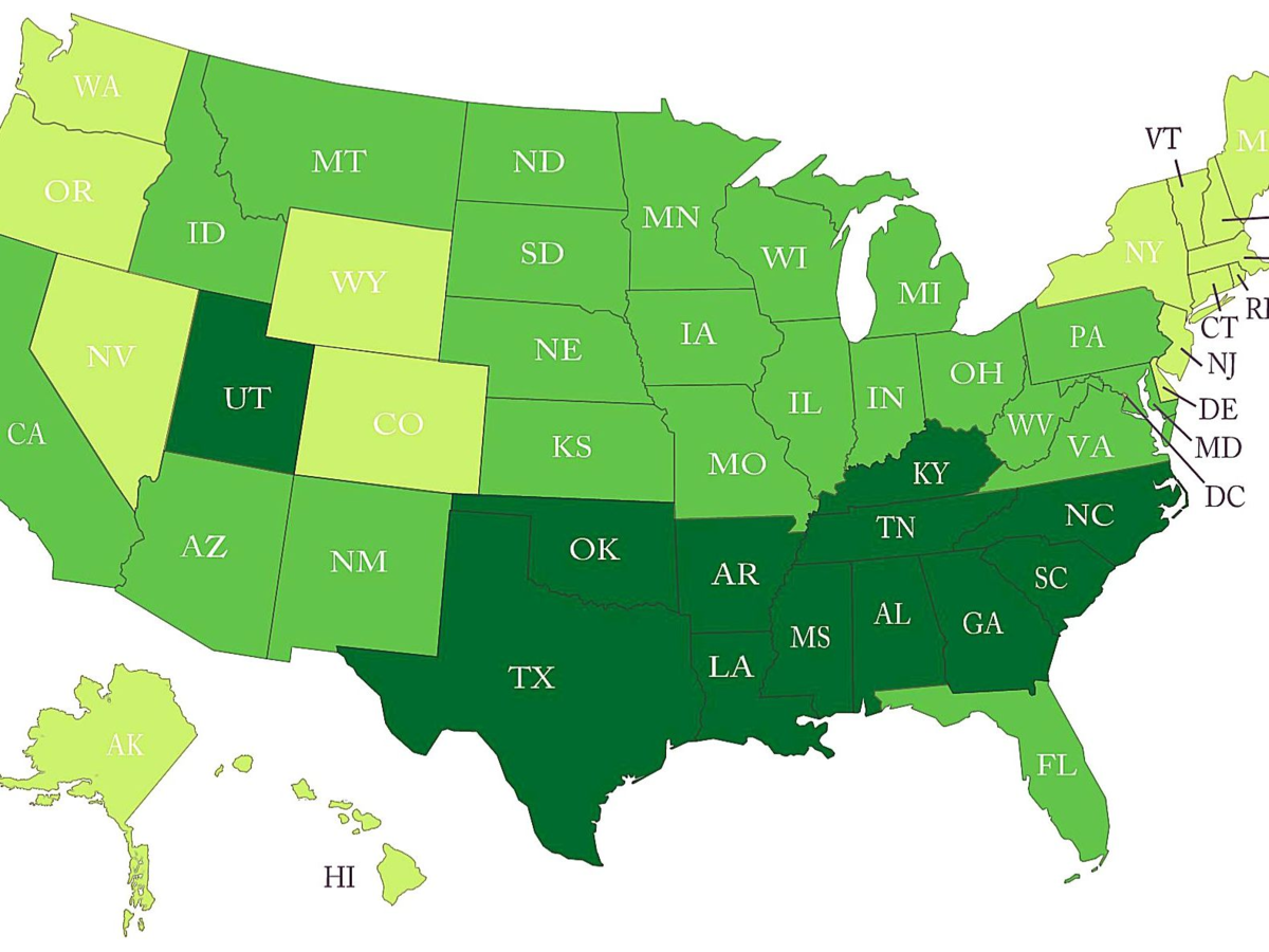 Вот так американцы представляют себе Библейский пояс в США. Чем темнее штат, тем больше в них христиан. Юта, конечно же, штат мормонов. 