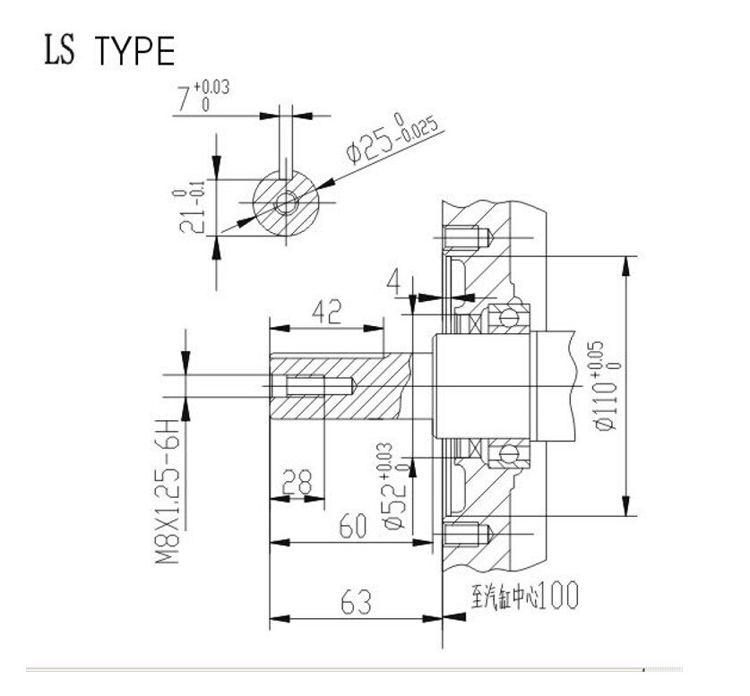 Чертеж стандартного выходного вала типа S диаметром 25 мм. 