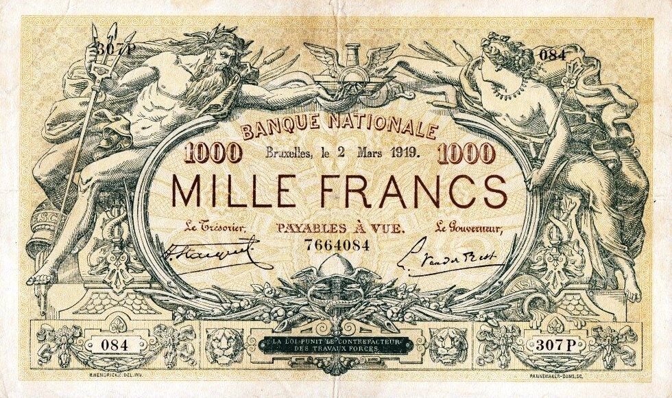 Бельгия. 1000 франков 1919 года. Лицевая сторона.