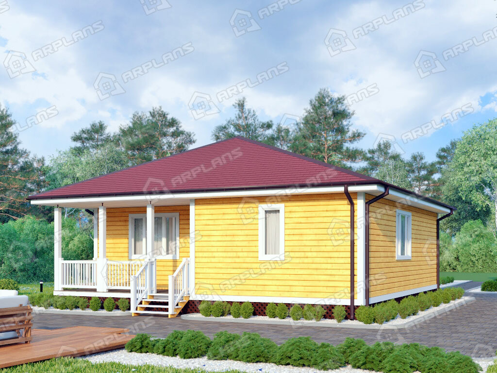 Фото 2 одноэтажного каркасного дома с 2 спальнями и террасой. Общая площадь 91 кв м. Источник arplans.ru Проект И-066