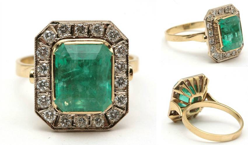 Кольцо с изумрудом и бриллиантами. Классический дизайн. Золото. Экспертиза Московского Государственнонго Университета. Россия, 50-ые XX в.