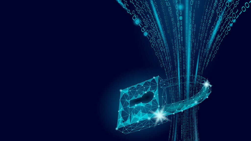    Cyber safety padlock on data mass. Internet security lock information privacy low poly polygonal future innovation technology network business concept blue vector illustration art Александр Шереметьев