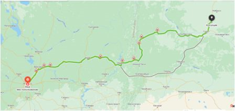 Карта Яндекс-навигатора маршрута Когалым – Москва