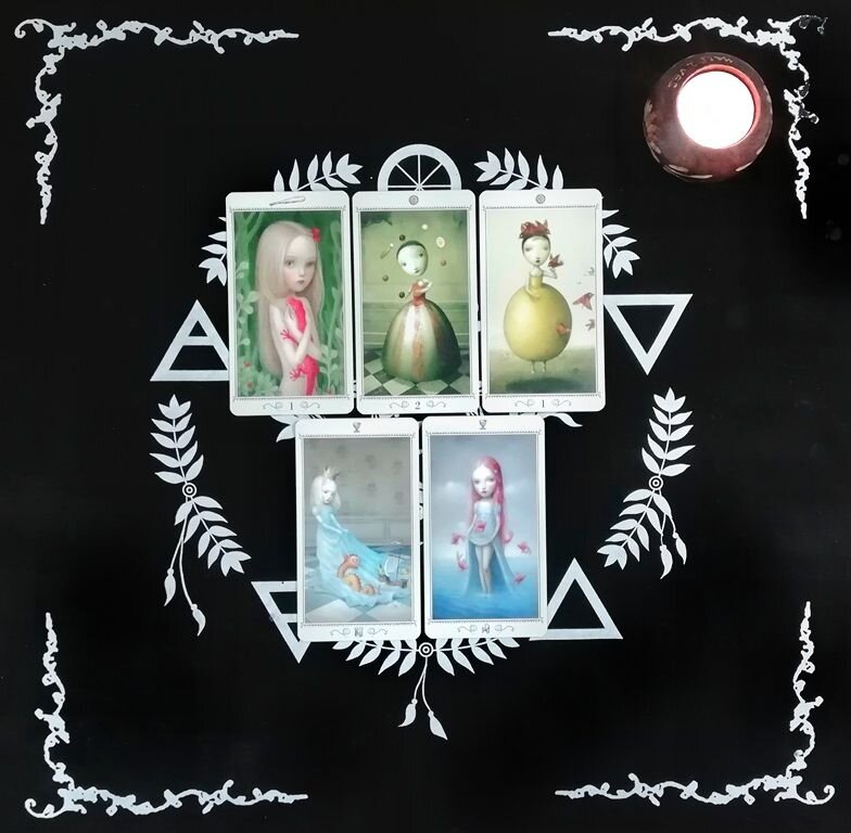 Туз жезлов + 2 пентаклей + Туз пентаклей + Королева кубков + Паж кубков