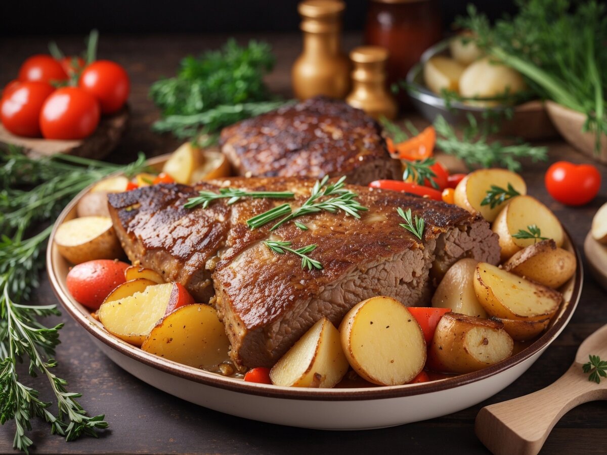 Запеченное мясо с картошкой в духовке: рецепт с фото и пошаговой инструкцией