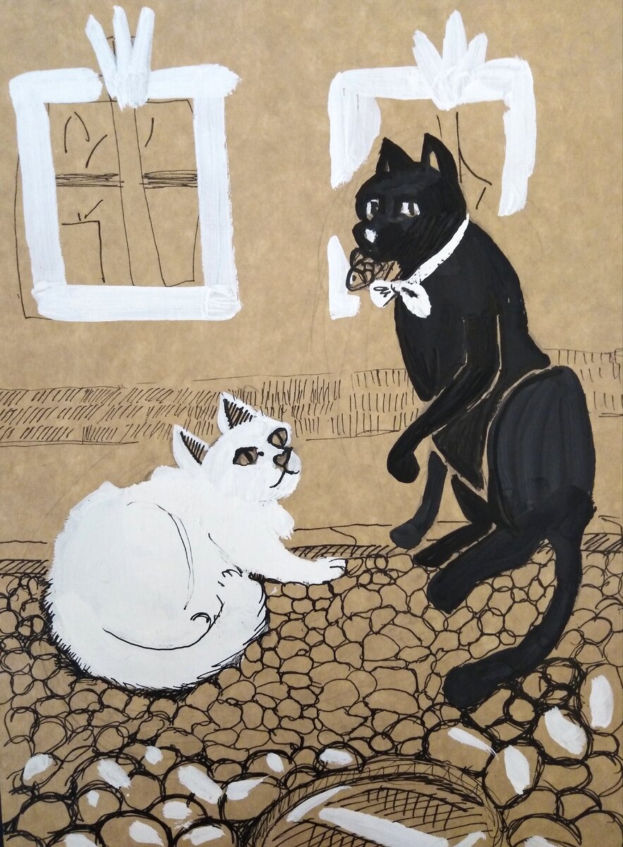 Эта жанровая сценка изображает героев книг современной немецкой писательницы Фрауке Шойнеманн о коте-детективе Уинстоне Черчилле и его друзьях. Работа из  коллекции автора канала. 