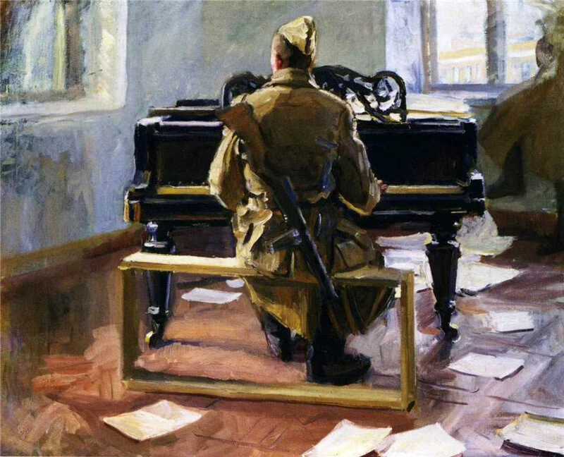 Художник Георгий Мелихов. Весна 1945 года. Берлин. Солдат за пианино