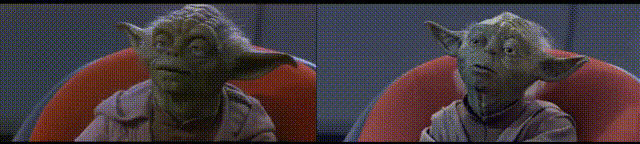 Слева - Магистр Йода 1999г(марионетка) , справа - 2011г. (компьютерная модель)