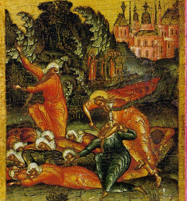 Илия убивает жрецов Ваала.  Клеймо иконы «Илья Пророк с житием».