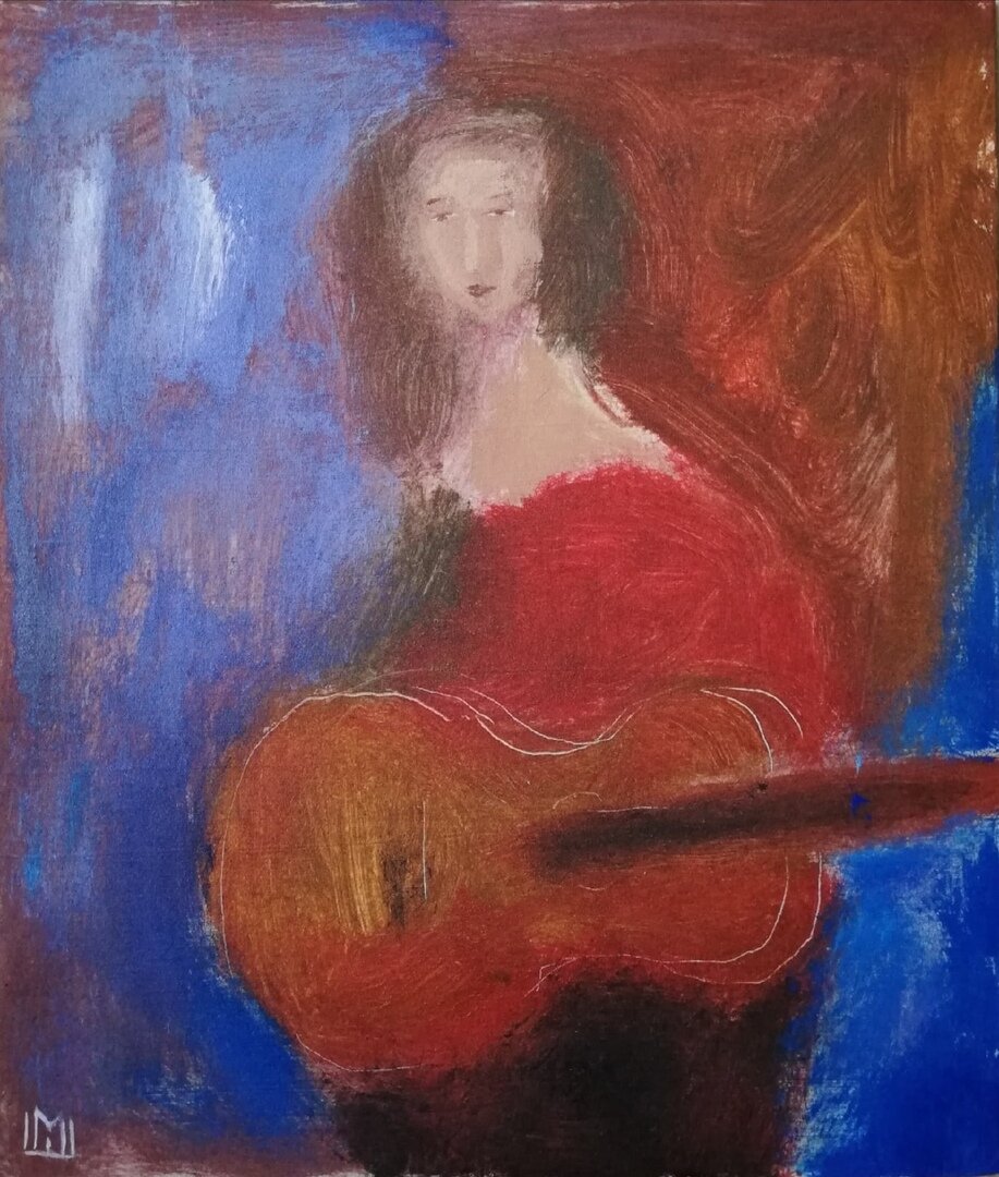 Женщина с гитарой. Акрил,, холст на подрамнике, 40х35 см, 1200 руб