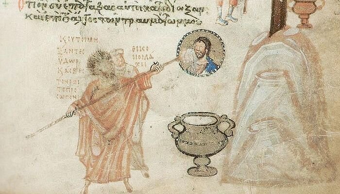 Иконоборцы Иоанн Грамматик и епископ Антоний Силлейский замазывают известкой лик Христа