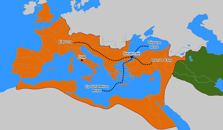 Пунктиром отмечены торговые пути,ведущие к Константинополю,оранжевым цветом-Римская империя,зелёным-Парфянское царство.