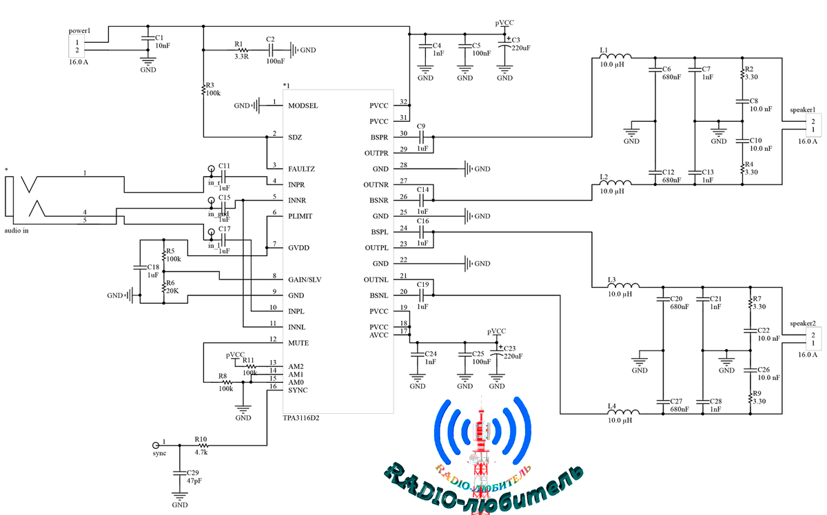 Усилитель мощности аудио 2*50W на TPA3116