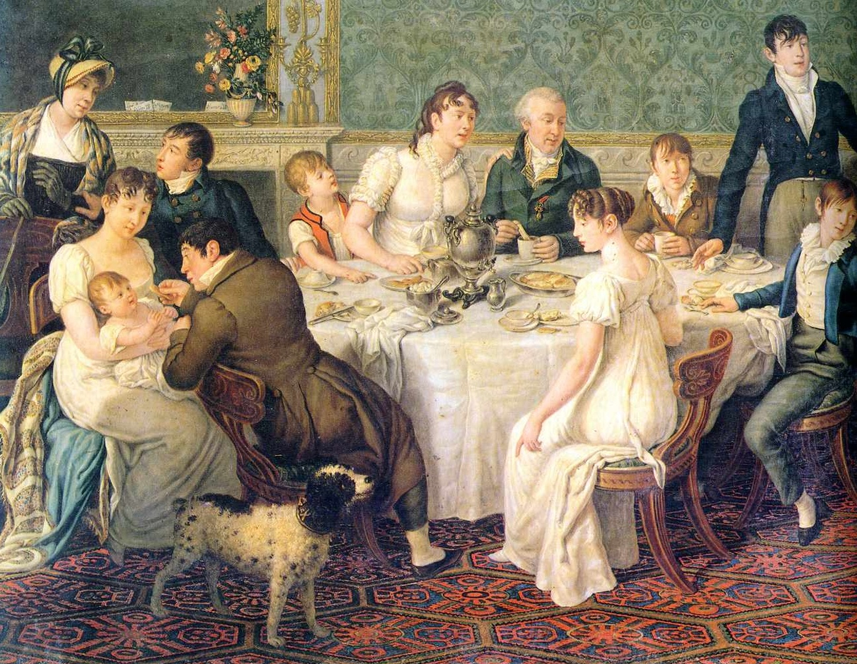 Обед в дворянском семействе. Неизвестный художник. 1850-е годы. Источник: https://kudago.com/media/images/event/f6/70/f670b34a5e209467ff2ee0e22ece8e28.jpg