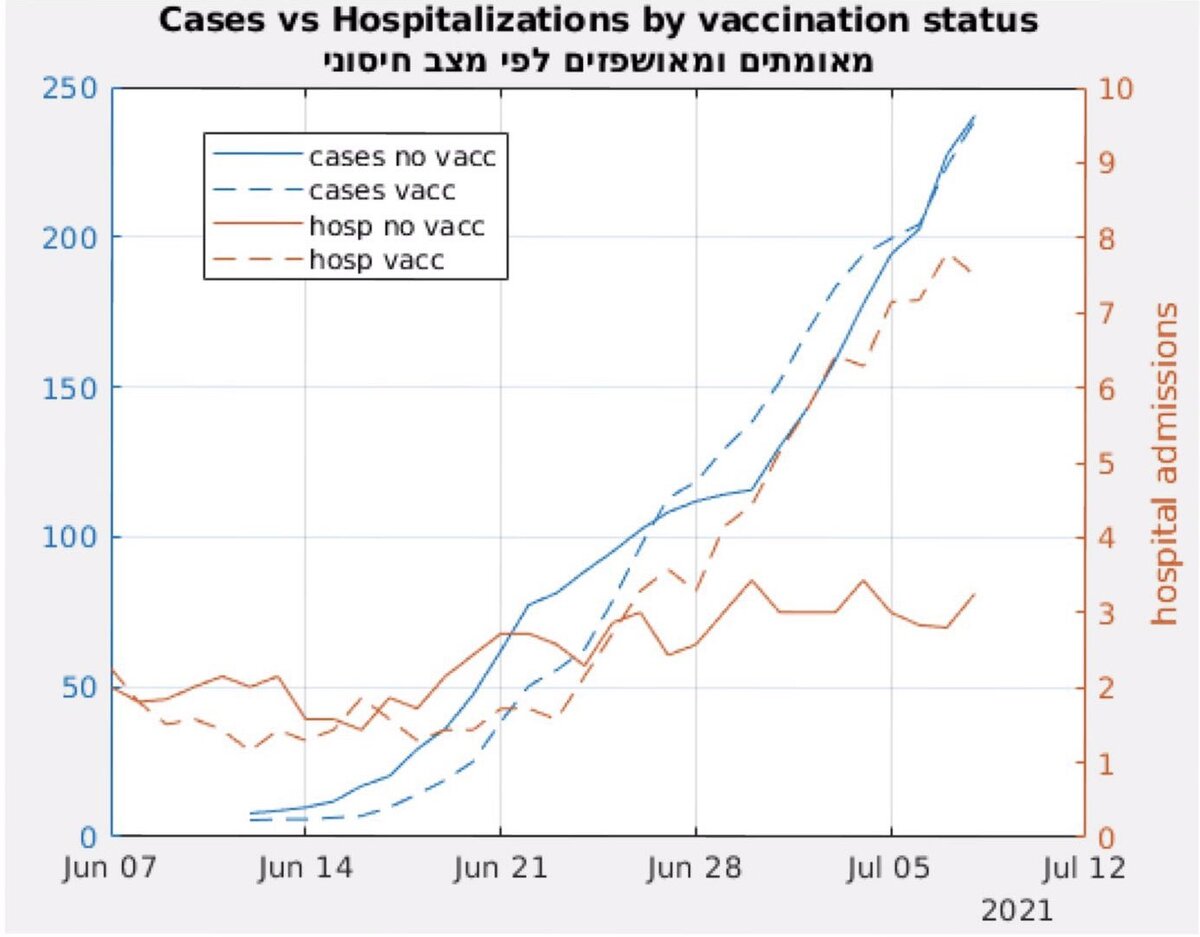 Синяя сплошная кривая - невакцинированные заболевшие, синяя пунктирная кривая - вакцинированные заболевшие. Оранжевая сплошная кривая - невакцинированные госпитализированные, оранжевая пунктирная кривая - вакцинированные госпитализированные.