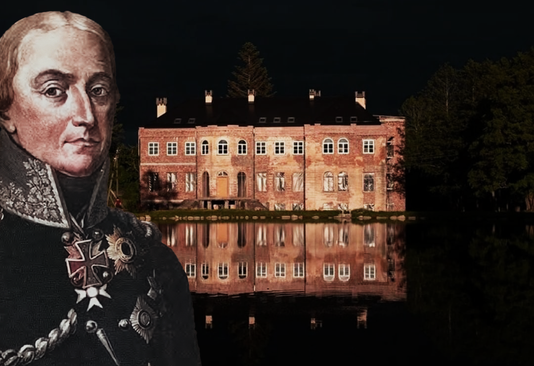 Герой наполеоновских воин Бюлов и вид на реконструируемый дворец в Рощино.