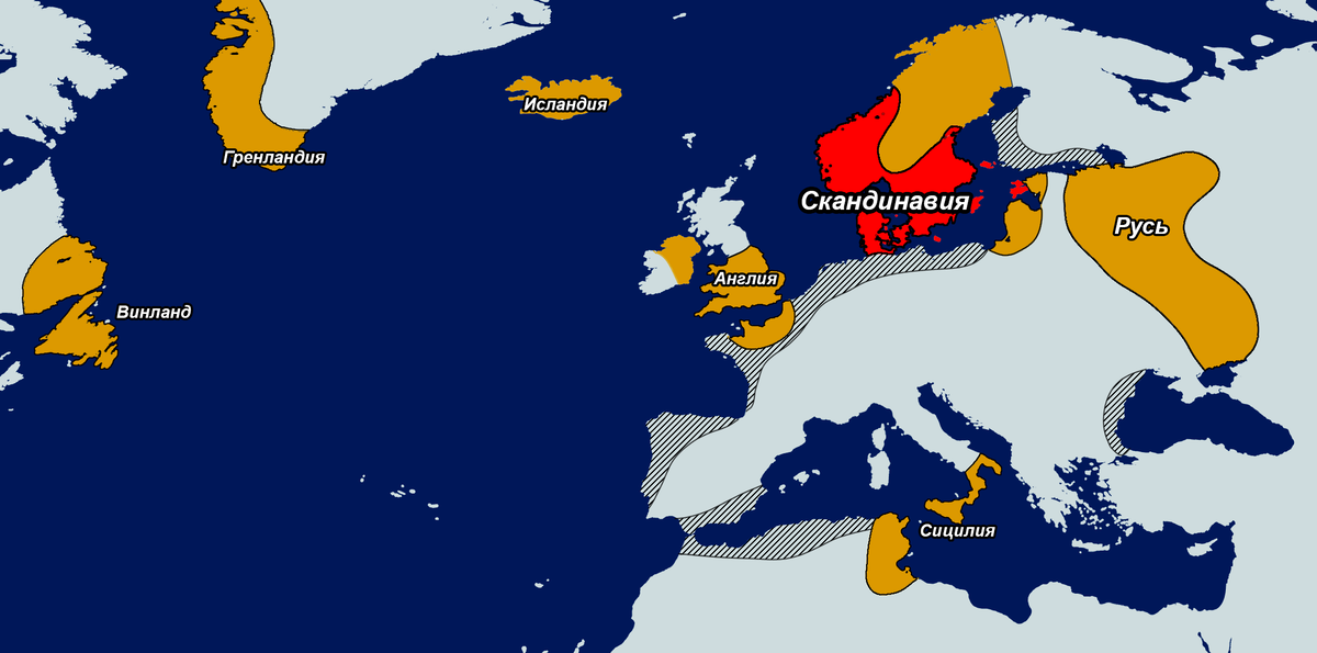 Красным – исходные земли Скандинавии, оранжевым – поселения викингов, штрихом – их рейды