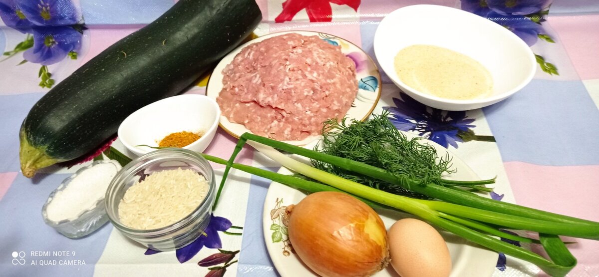 Для супчика потребуется: куриный фарш 300 г, кабачок 300-400 г, рис 60 г, небольшая луковица, маленькое куриное яичко, сухари панировочные, зелёный лучок, укропчик, соль, специи.