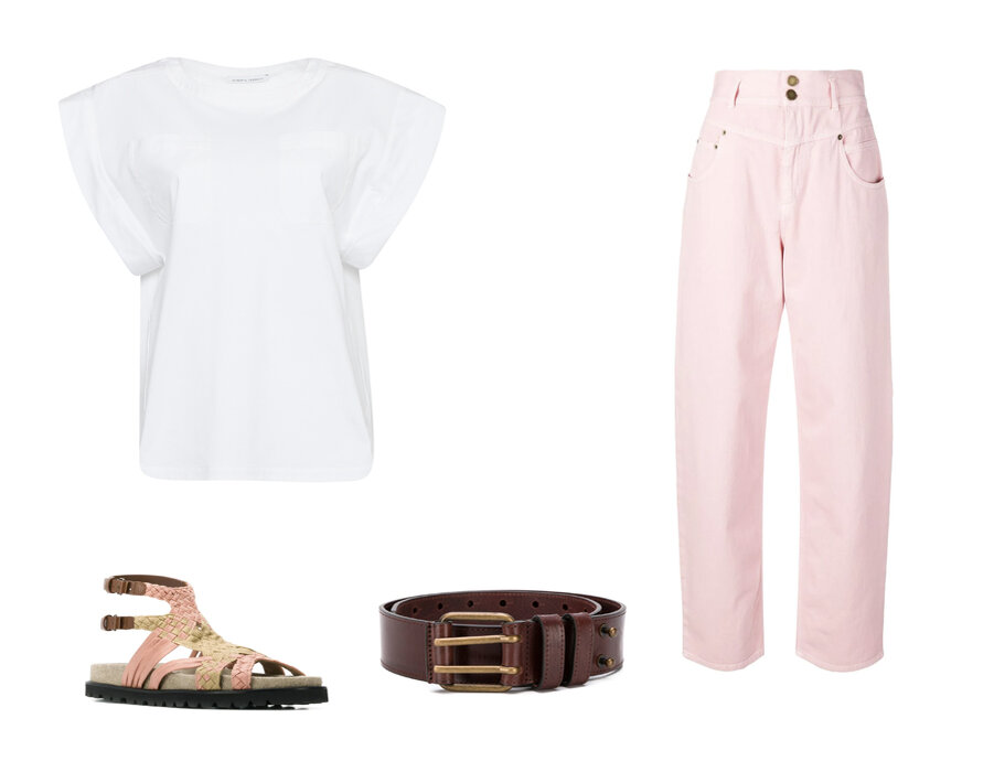 Сандалии с плетеными ремешками ALBERTA FERRETTI  27704 рублей; классический ремень ALBERTA FERRETTI 13700рублей; брюки с высокой посадкой ALBERTA FERRETTI  25100рублей; футболка ALBERTA FERRETTI   25000рублей