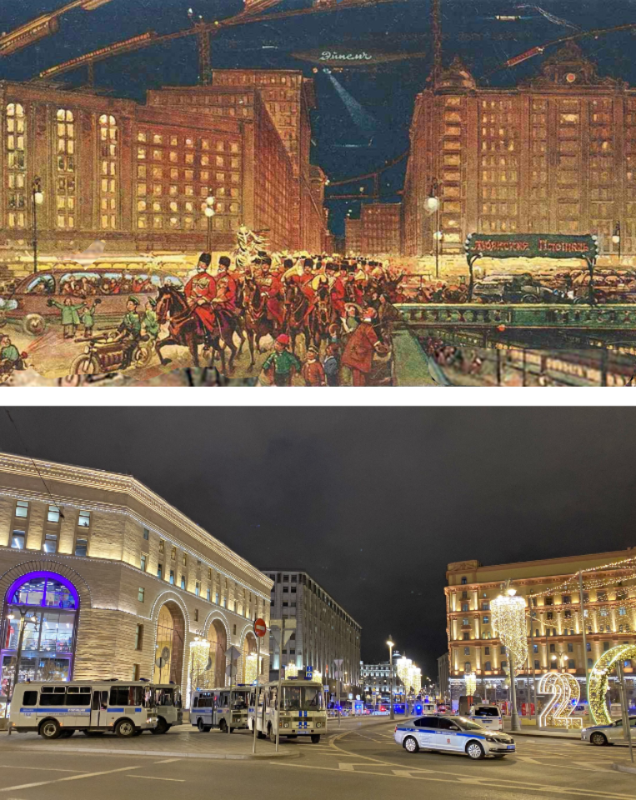 Вверху - вил на Лубянскую площадь на открытке «Товарищества братьев Эйнем», внизу - современный вид Лубянской площади (2019 год)