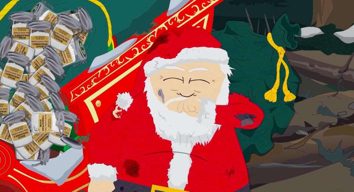 Санта нюхает кокаин. Кадр из 10 серии 23 сезона «Южного парка»