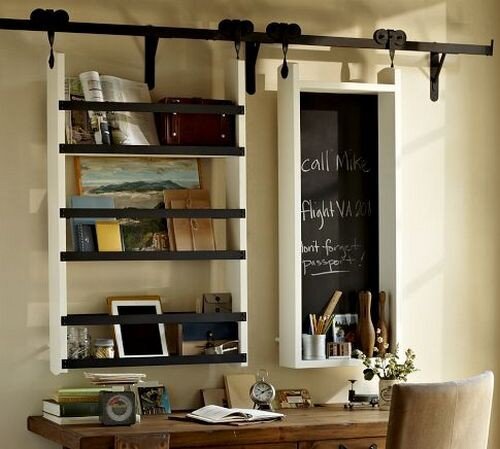 Одна и та же рейлинговая система с полочками и доской для записей на кухне и в кабинете. Pottery Barn