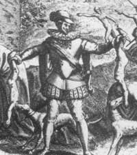 Испанец, кормящий гончих детьми индейцев. 