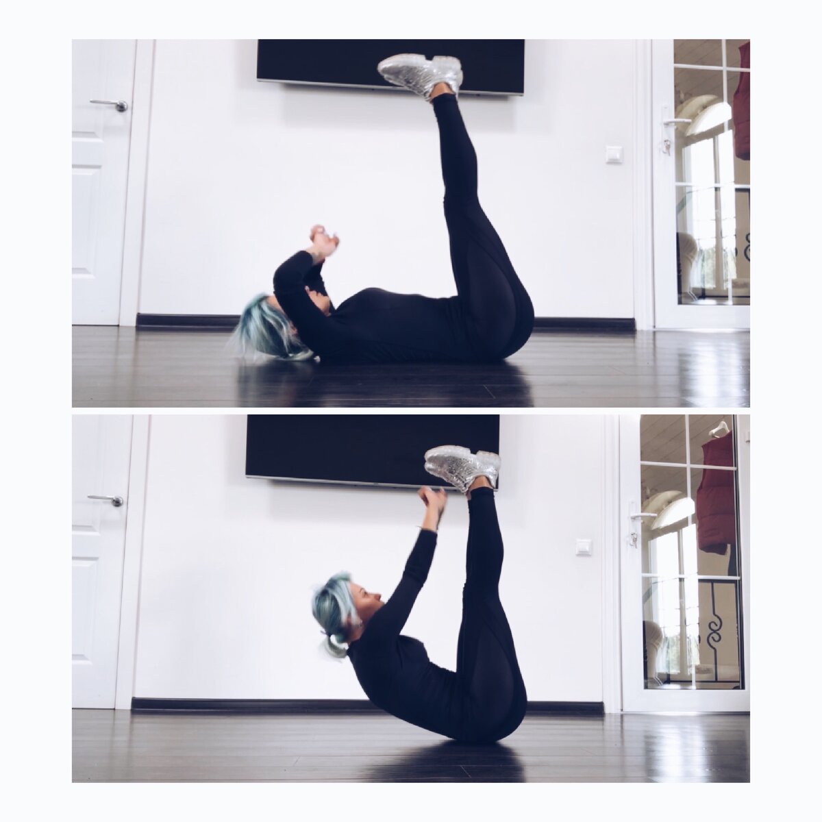 Подъём корпуса к ногам. На выдохе вверх. Поясница прилегает к полу, пресс напряжён, подбородок в потолок.