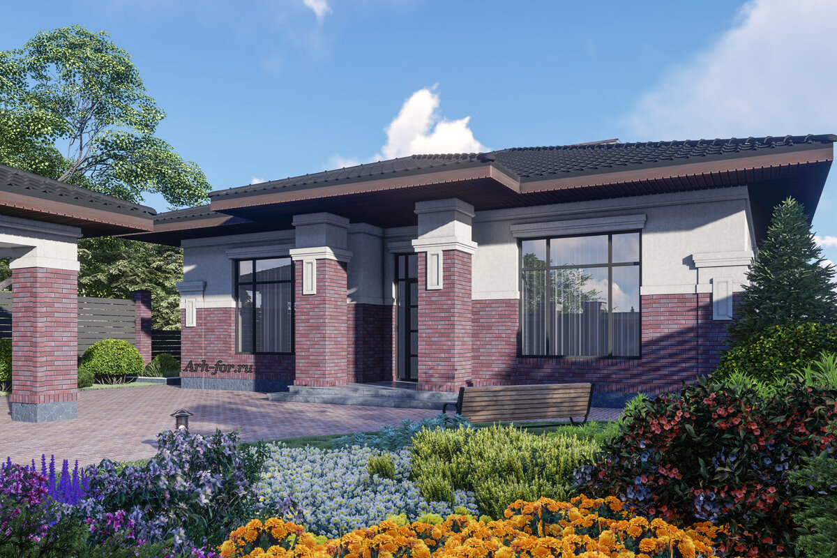 Главный фасад дома с комбинированной отделкой