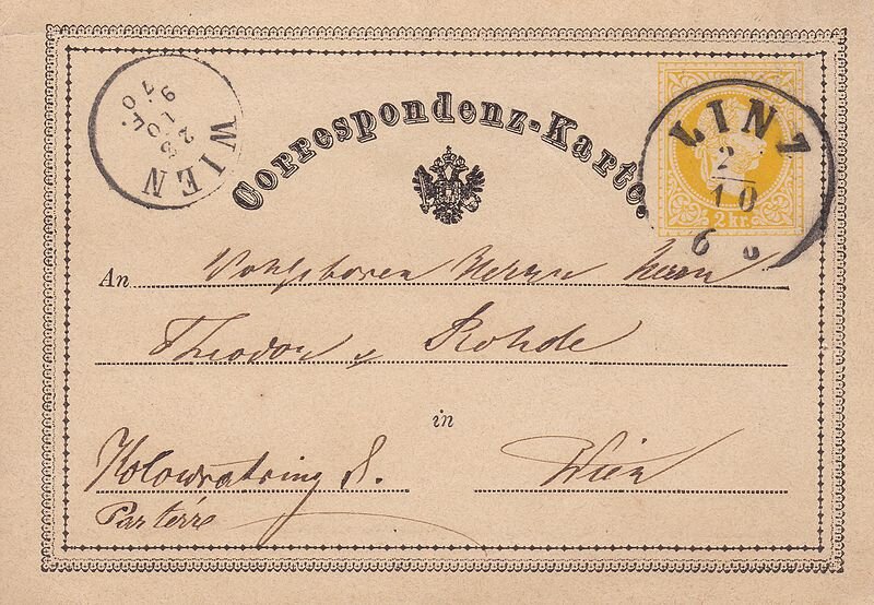 Австро-венгерская корреспондентская карточка, отправленная в 1870 году 