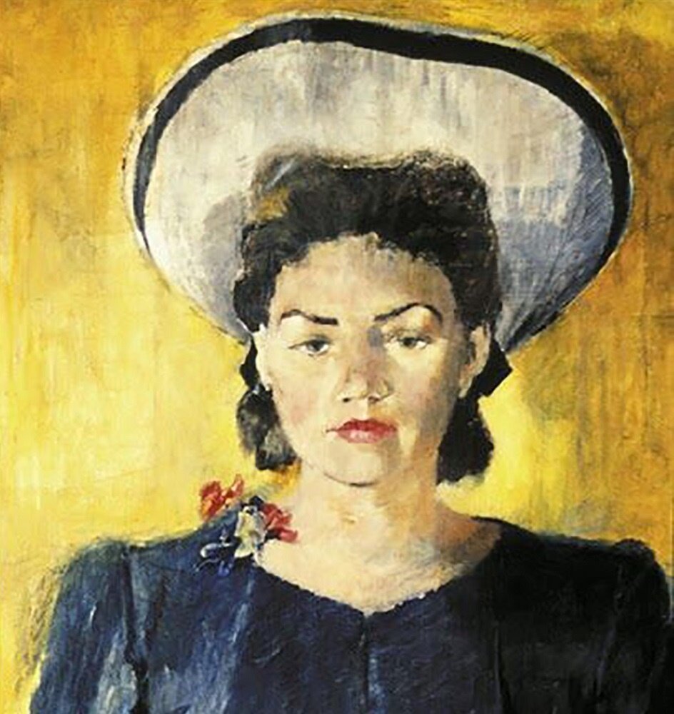Ю. И. Пименов, Портрет Н.К. Пименовой в белой шляпе, 1943. Фрагмент