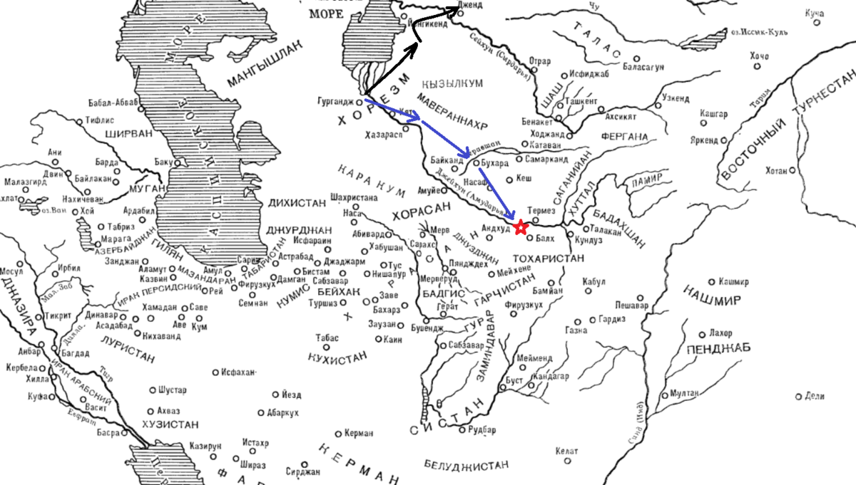 Северная группировка монголов после Гурганджа. Черным - корпус Джучи. Синим - тумены средних Царевичей. Красным - приблизительное место келифской переправы. 