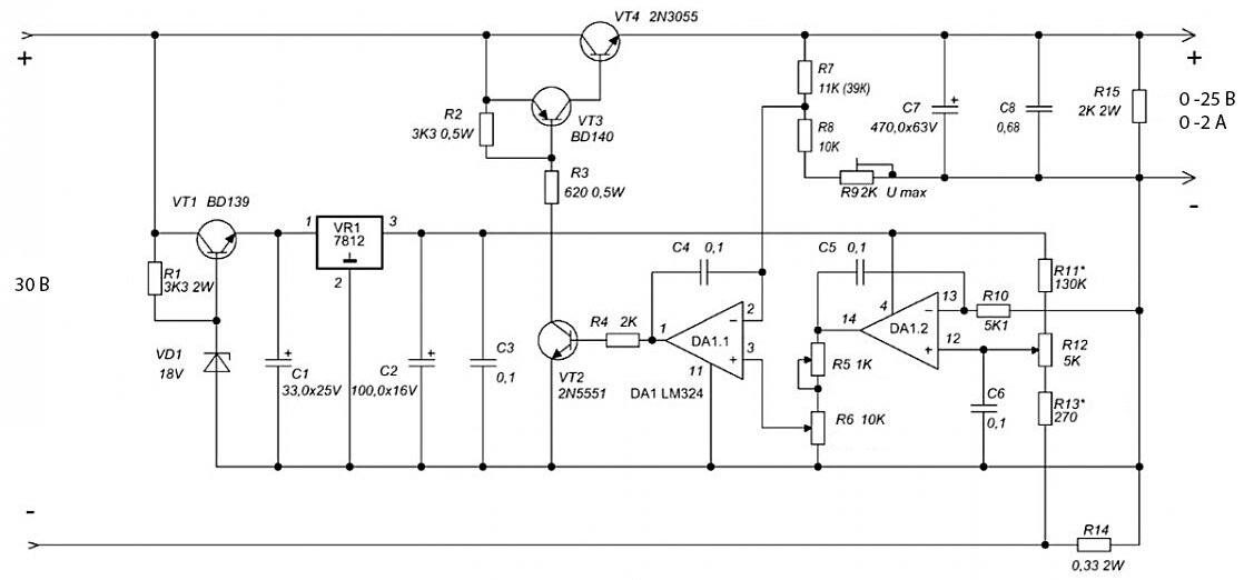 Схема регулируемого блока питания 0 30в 10а с защитой от кз на lm317