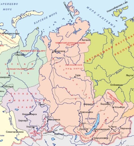 Западно и Восточно Сибирские Края на карте. 