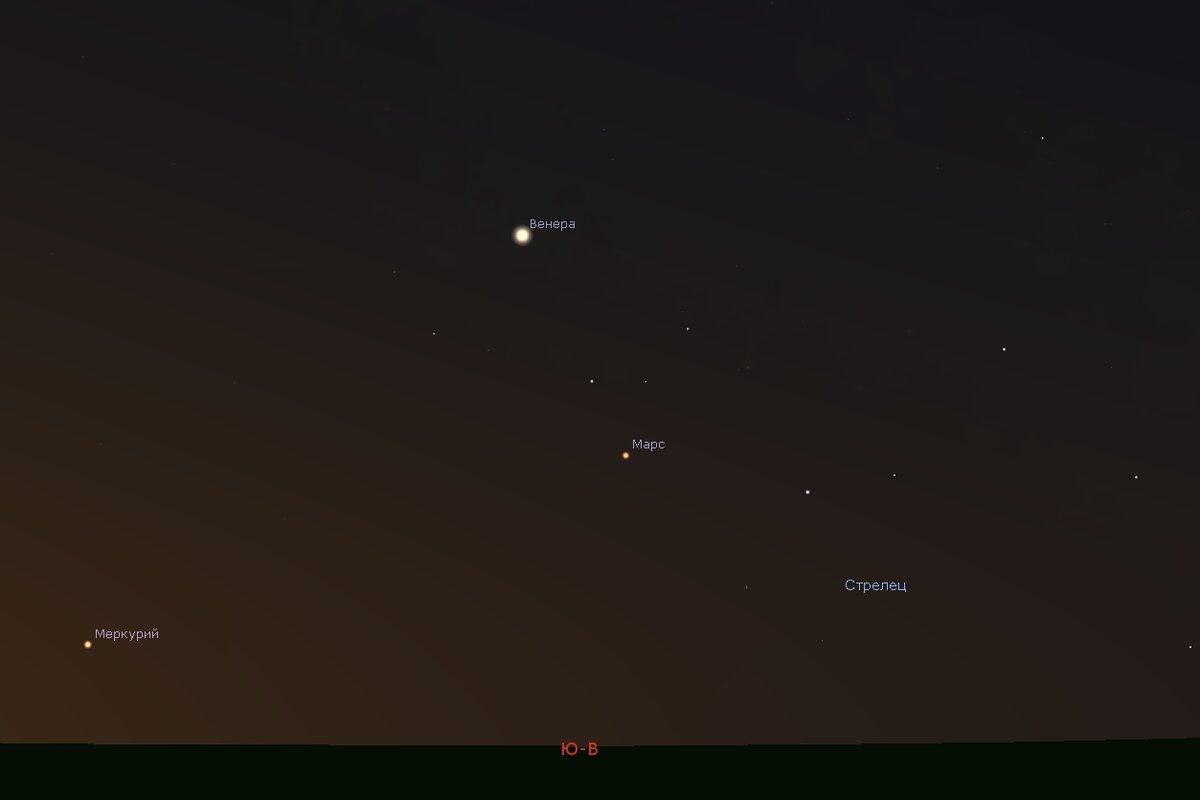  Меркурий, Венера и Марс утром 16 февраля 2022 года, с помощью программы Stellarium