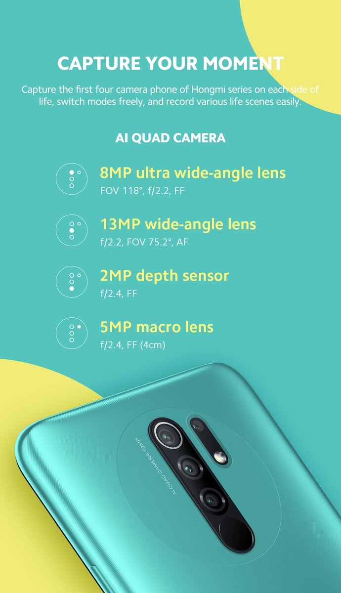 Обзор бюджетного смартфона Xiaomi Redmi 9Модель Redmi 9 была представлена компанией Xiaomi еще летом прошлого года. До сих пор это устройство является самым бюджетным смартфоном компании (из представленных на российском рынке, само собой).Насколько он сможет оправдать ожидания своих владельцев я постараюсь рассказать в этом обзоре.Упаковка и комплектацияСмартфон поставляется в небольшой увесистой коробочке из очень плотного картона. В комплекте:сам смартфонсиликоновый чехолзарядка 10Вт + кабель USB type-Cскрепка для открытия лоткаинструкция с гарантийным талономТехнические характеристикиSoC Mediatek Helio G80, 8 ядер (2×Cortex-A75 @2,0 ГГц + 6×Cortex-A55 @1,8 ГГц)
GPU Mali-G52 MP2
Операционная система Android 10, MIUI 11
Дисплей IPS 6,53″, 1080×2340, 19,5:9, 395 ppi
Оперативная память (RAM) 3/4/6 ГБ, внутренняя память 32/64/128 ГБ
Поддержка microSD, независимый разъем
Поддержка Nano-SIM (2 шт.)
Сети GSM/WCDMA/WCDMA/TD-SCDMA/LTE-A
GPS/A-GPS, Глонасс, BDS
Wi-Fi 802.11a/b/g/n/ac, dual-band, Wi-Fi Direct
Bluetooth 5.0, A2DP, LE
NFC
ИК-порт
USB 2.0 Type-C, USB OTG
3,5-миллиметровый аудиовыход
Камера 13 Мп (f/2,2) + 8 Мп (f/2,2) + 5 Мп (f/2,4) + 2 Мп (f/2,4), видео 1080p@30 fps
Фронтальная камера 8 Мп (f/2,0)
Датчики приближения и освещения, магнитного поля, акселерометр
Сканер отпечатков пальцев (тыльный)
Аккумулятор 5020 мА·ч
