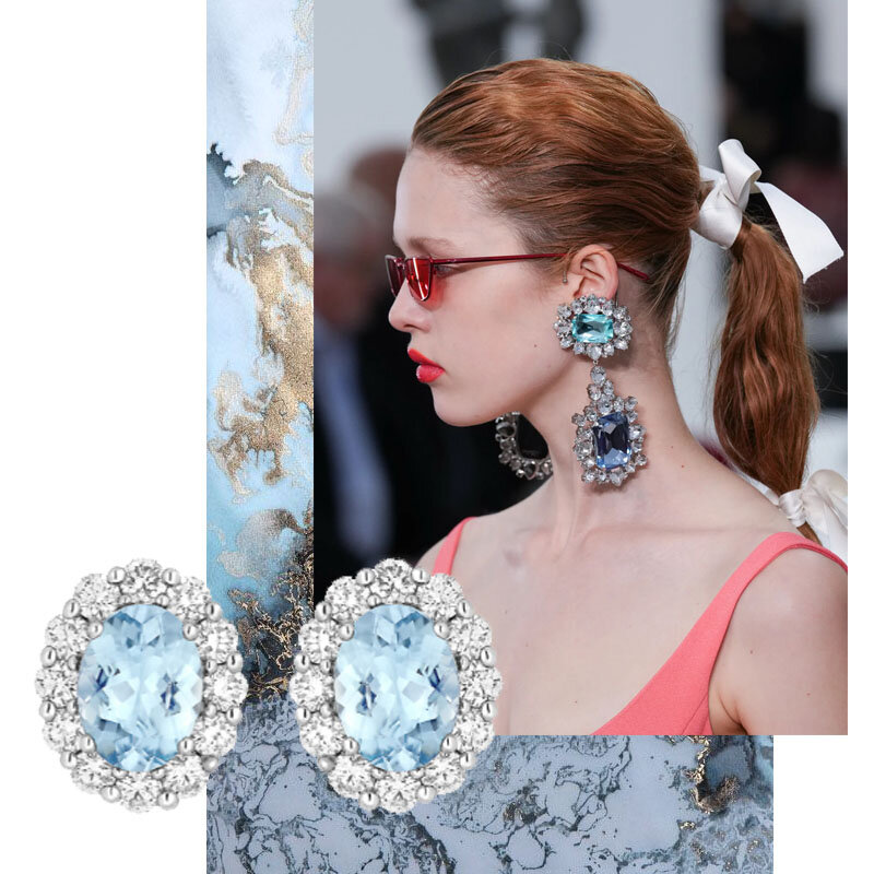 На фото: серьги Garrard 1735 из платины с аквамаринами и бриллиантами || модель с показа Giambattista Valli SS 2022