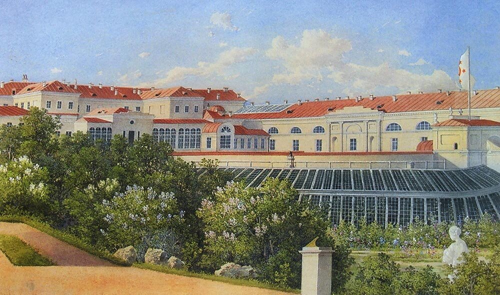 Сад и оранжерея дворца Юсуповых на Мойке, акварель 1860-х годов.  