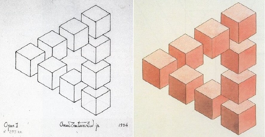 На рисунке: самая первая «невозможная фигура», нарисованная Оскаром Рутерсвардом в 1934 году (черно-белая) и в цвете.