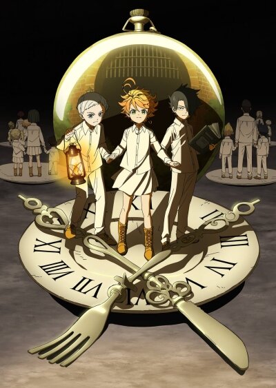 Постер аниме-сериала "Обещанный Неверленд" (The Promised Neverland) [2019]. Режиссер: Камбэ Мамору. Студия: CloverWorks