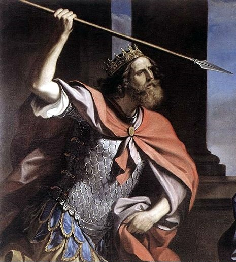 Царь Саул с копьем. Фрагмент картины Гверчино (Джованни Франческо Барбьери).
На картине Саул нападает на Давида. Он вообще любил метать копья.