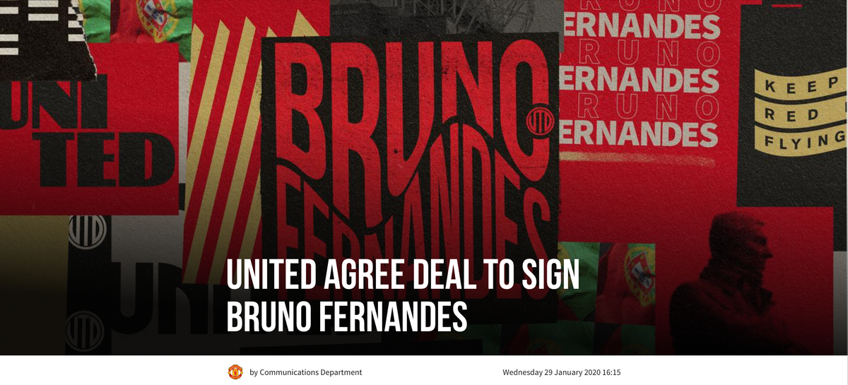 Фото, где написано достижение соглашения с Бруну Фернандешем о подписании контракта на официальном сайте "манкунианцев"