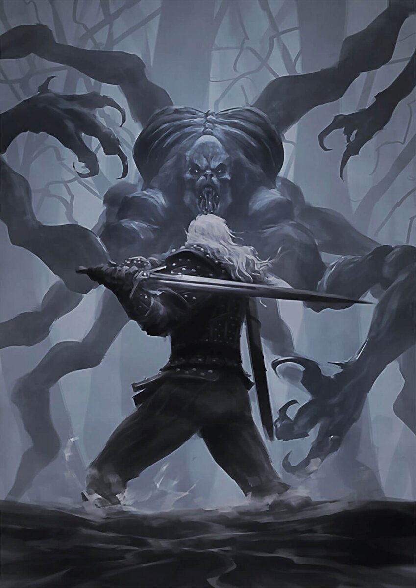 Геральт из Ривии сражается с кикиморой, арт по мотивам сериала "Ведьмак" 2019 года. Арт из свободного источника.